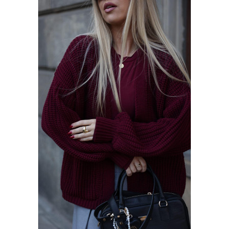 Kardigan damski krótki z kieszeniami GLAMOUR NOODA burgund