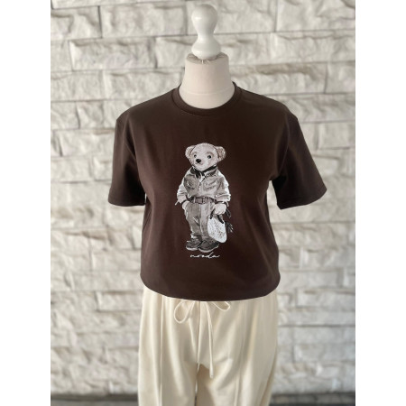 T-shirt damski bawełniany Miś NOODA czekoladowy