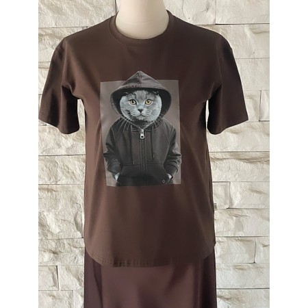 T-shirt damski bawełniany KOT NOODA brąz czekoladowy
