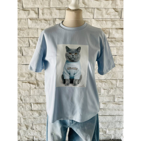 T-shirt damski bawełniany KOT NOODA błękit